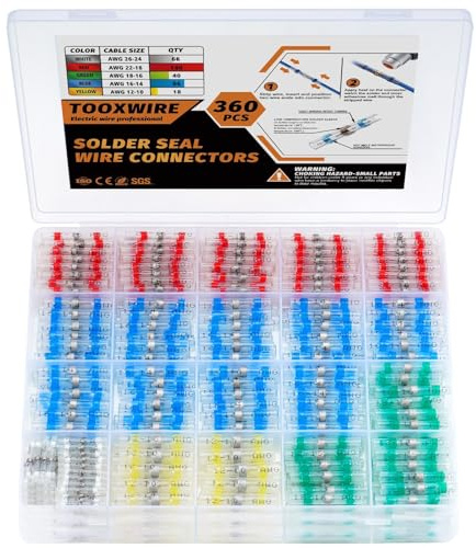 TOOXWIRE 360PCS Lötverbinder Schrumpfverbinder Set wasserdicht, 5 Größen AWG26–10, mit Schrumpfschlauch und Lötzinn, für KFZ Auto, Marine, Kabelreparatur & DIY Elektroarbeiten