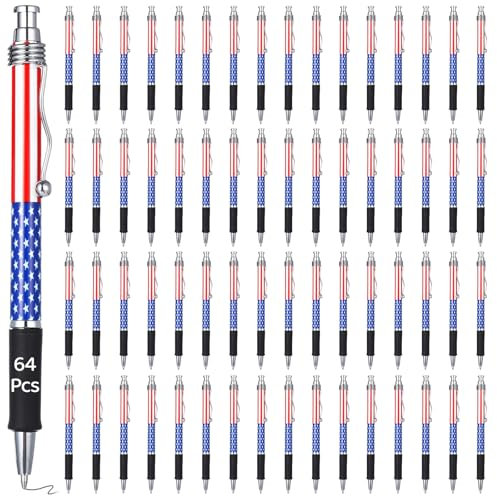 64 penne a sfera a tema bandiera americana, retrattili, inchiostro nero, penne in metallo per regali patriottici e souvenir