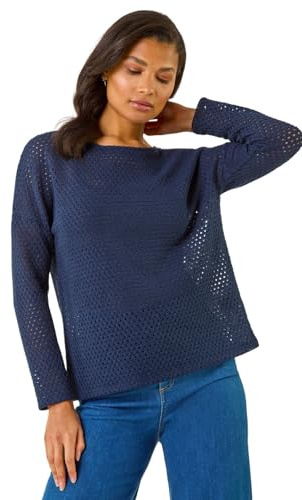 Roman Originals Crochet Cotton Jersey Top for Women UK - Ladies Everyday Autumn Winter Round Neckline Comfy Soft Evening Vacation Work Party Night Out - Navy - Size 18