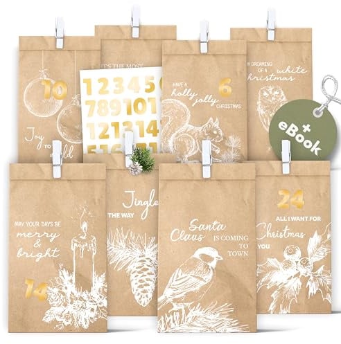 AMARI ® Adventskalender zum Befüllen (Vintage White) - 24 Papier Adventstüten (mit Holzklammern) zum Basteln für Weihnachten - Papier Weihnachtstüten mit Zahlenaufkleber