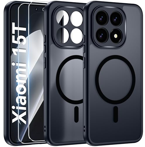 Opkiegrn Magnetisch für Xiaomi 15T 5G Hülle, Schwarz | 2x Schutzfolie, Kompatibel mit MagSafe, Vollständiger Kameraschutz, Stoßfest Transluzente Matt Schutzhülle Xiaomi 15T Case