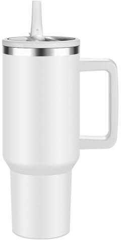 FOLAI Eco-Friendly Insulated Water Bottle,100% Leakproof Stainless Steel Travel Mug Water Tumbler,40 Oz Vacuum Insulated Cup with Handle and Straw Lid,Dishwasher Safe,Gifts for Women & Men(White)