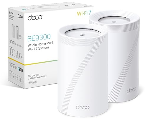 TP-Link Deco BE65(2-pack) BE9300 Mesh WiFi 7, Tri-Band Seamless AI Roaming, Mesh System with MLO,2,5 Gbps Ports, 4K-QAM, VPN Encryption,APP Control, Google Home, Alexa, HomeShield (Renewed)