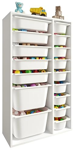 LEOKIDS Spielzeugaufbewahrung mit 16 Boxen – Kinderregal mit Spielzeugkisten für Kinderzimmer, Spielzeugschrank & Organizer, Weiß (16 Boxen, MDF)