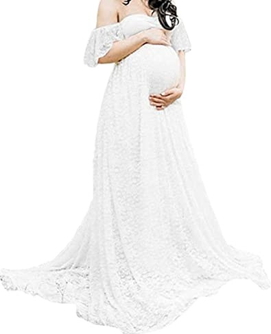 Otbushit Robes de maternité en Dentelle Blanche S pour Femmes, Robe de Photographie maternité en Dentelle, Robe Grossesse Fantaisie, épaules dénudées, Florale pour Les Femmes Enceintes