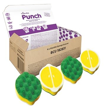 Vileda, PUNCH Spugna Piatti, 4 Pezzi – Spugne da Cucina Flessibili e Antigraffio con Lato Abrasivo, Profumate, Lavabili in Lavastoviglie, per Cucina, Bagno e Superfici Esterne