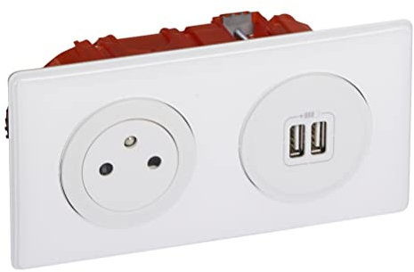 LEGRAND - Prise Electrique Murale + Double Chargeur USB Céliane Surface avec Plaque et Boîte à Encastrer - Prise Affleurante avec Socle Rétractable - Blanc