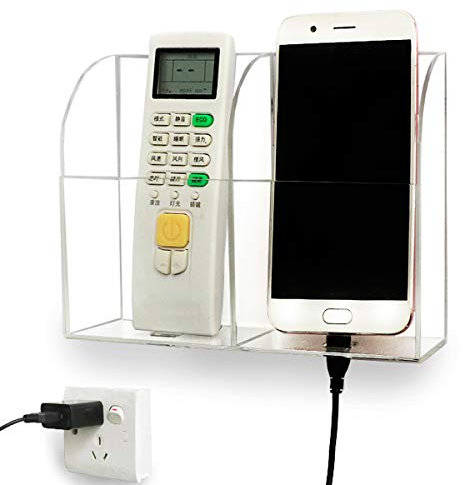 Yoillione TV Remote Holder Wall Mounted Remote Control Organiser,Acrylic 2 Remote Control Holder Wall Mounted Support Phone Charging,TV Remote Control Storage Box for Air Conditioner(2 Compartments)