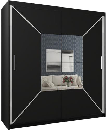 MN Furniture Stylish Sliding Wardrobe with Mirror Accents & LED Light | Modern Design with Storage Shelves & Hanging Rails | Matte Finish | 120cm–203cm Sizes | White, Black, Grey Black, 150cm