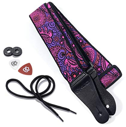 KLIQ Gewebter Retro-Gitarrengurt für Akustik- und E-Gitarren, 60er Jahre, Jacquardgewebe, Hootenanny-Stil, 2 Gummi-Gurtsicherungen im Lieferumfang enthalten, Paisley-Fuchsia Pink/Purple