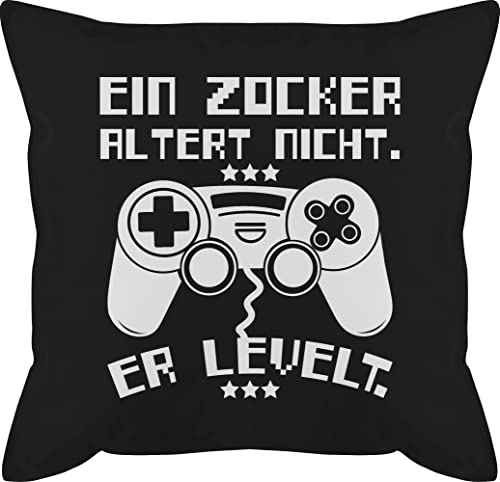 Kissen 50x50 - Statement mit Sprüchen - Ein Zocker altert nicht - er levelt weiß - 50 x 50 cm - Schwarz - kissenbezug spruch sprüche game kissenbezüge und fuellung spruechen gamer männerkissen