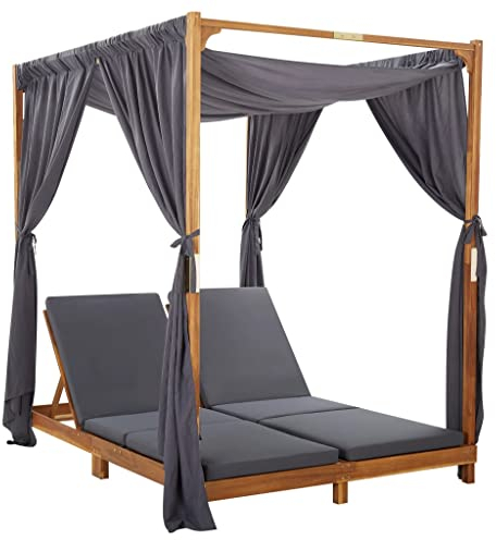 vidaXL Akazienholz Massiv Doppel Sonnenliege mit Vorhängen Auflagen Doppelliege Gartenliege Relaxliege Gartenmöbel Liege Lounge Terrasse