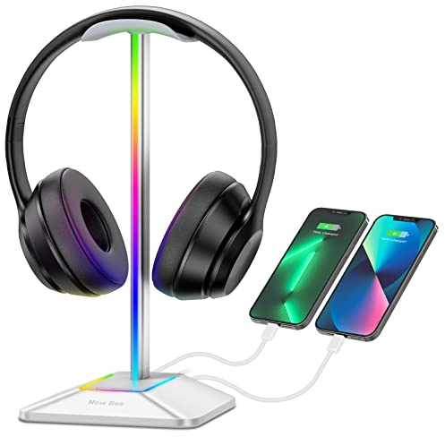 New bee RGB Headphone Stand with 1 USB-C Charging Port and 1 USB Charging Port, Desk Gaming Headset Stand with 7 Light Modes and Non-Slip Rubber Base Suitable for All Earphone Accessories (Silver)