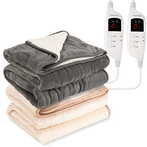 MONHOUSE Heated Throw - Pack Of 2 Electric Blankets - Digital Controller - Timer up to 9 hours, 9 Heat Settings, Auto Shutoff - Machine Washable - Single 130X160cm -GREY SHEARLING