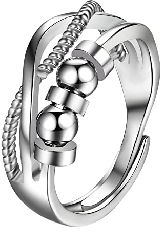 JewelryWe Schmuck Anxiety Ring Damen Angst Fidget Spinner Ring Verstellbar Edelstahl Anti Stress Spinning Ringe Zappelringe Geschenke für Frauen Silber - Kugel