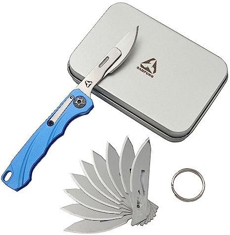 SAMFUNG Couteau utilitaire pliant de poche quotidien avec porte-clés et 10 lames remplaçables à changement rapide, Ultra Compact et léger (Gris) (Bleu)