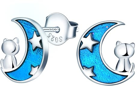 MICMIF Katze Mond Ohrstecker Silber 925 Damen Ohrringe Katze auf dem blauen Mond Ohrstecker Hypoallergen Niedliches Kätzchen Ohrschmuck für Frauen Mädchen Kinder