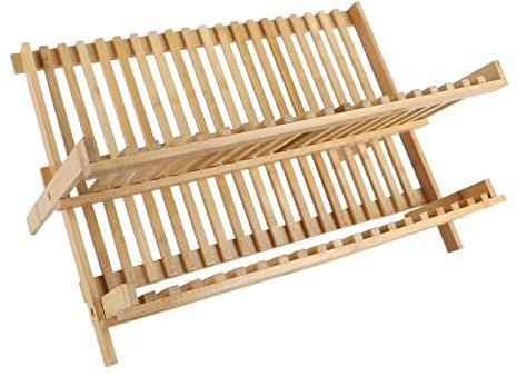 Escurreplatos de Madera, Escurridor de Platos Plegable de 20 Rejillas Y 2 Niveles, para Almacenamiento de Ahorro, para Platos, Tazones Y Tazas