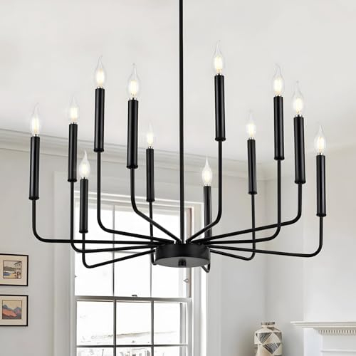 Moderne Schwarz Kronleuchter, 12-Licht Industrie Metall Kronleuchter-Beleuchtung, Klassischer Kerzen Hängeanhänger Für Kücheninsel, Esszimmer, Wohnzimmer, Treppe E14 (Glühbirnen Nicht Enthalten)
