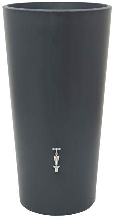 Regentonne anthrazit Regenwassertank Rainbowl Flower 150 Liter aus UV- und witterungsbeständigem Material. Regenwassertonne mit integrierter Pflanzschale und hochwertigen Messinggewinde