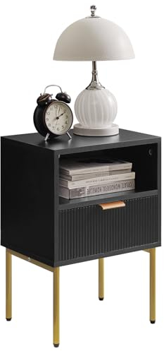 IBUYKE Mid-Century Moderner Nachttisch Mit Aufbewahrungsschublade, Kleiner Schwarzer Beistelltisch Mit Goldrahmen für Schlafzimmer, Wohnzimmer