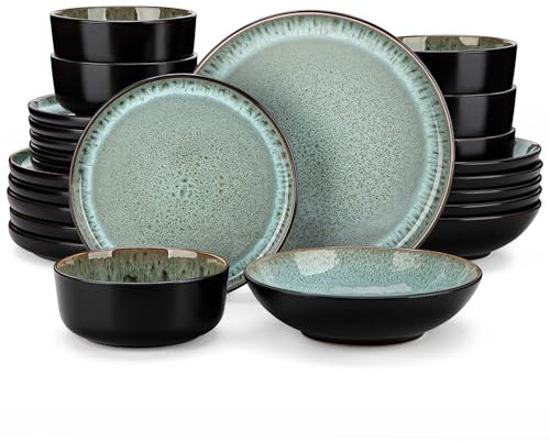 vancasso Dinner Set, Reactive Glaze Dinner Sets for 6 People, 24-Piece Mediterranean Crockery Set with Dinner Plates, Dessert Plate, Cereal Bowls and Pasta Bowls, Playa Cyan