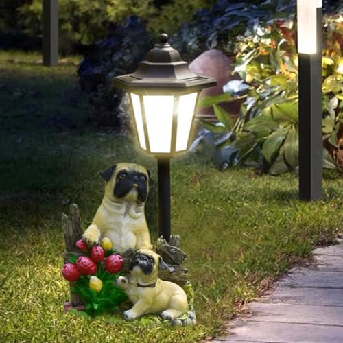 OKESYO Solar Hund Gartenfiguren für Außen mit Solar Lantern, Wetterfest Hund Solarlampe Gartenstatuen Gartendeko, Geschenk für Haus, Hof, Rasen, Balkon Dekoration