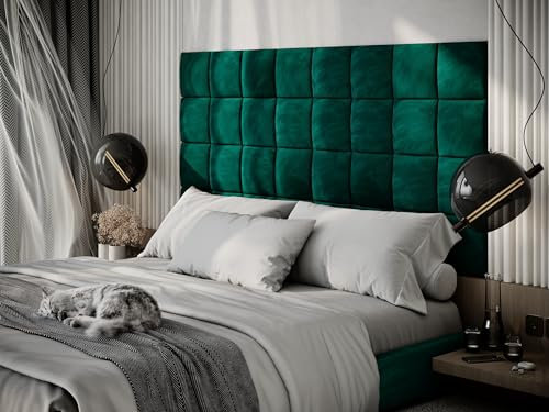 Upholstered Decorative Wall Panels Velvet Headboard Padding | Cushioned Planks | Padded Decor Collision Avoidance | Acoustic Soundproofing Treatment | (Green, 4x Square (25x25cm))