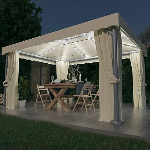 Bulliing Pavillon mit Vorhängen & LED-Lichterketten Pavillon Beleuchtung Partyzelt Gartenpavillon Pavilliondach Gazebo Canopies 4x3 m Cremeweiß