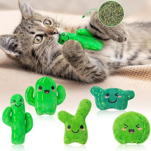 BeYumi Catnip Toys for Cat - 5Pcs Cactus Prickly Plants Catmint Interactive Cat Toy for Indoor Cats, Soft Plush Green Cat Supplies, Kitten Teething Chew Toy Set, Cute Pet Gifts for Cat Lover