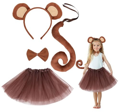 EUPSIIU 4 Stück Affen Kostüm, Affenohren Tier Affen Ohren Stirnbänder Langen Schwanz Fliege Mädchen Tutu, Affenkostüm für Kinder Fasching Tierkostüm Halloween Karneval Tier Haarbänder Cosplay (Affen)
