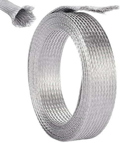 UNICRAFTALE 1 Wide Stainless Steel Braided Sleeving Braid Cable Wire Shielding Sleeve Ground Straps Protection Flat Metal Mesh Flexible Expandable Scalable Ribbon Wire for Protect Cable 13.12 Feet