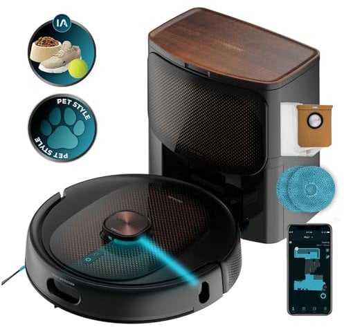 Cecotec Robot Aspirador Conga 10090 AI Spin Revolution Ultra Power Home Lifestyle, 10.000 Pa, App, Navegación láser, Base autovaciado, Inteligencia Artificial, Evita Objetos, 240 min autonomía