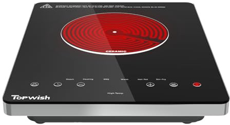 Electric Cooktop, TOPWISH 110-120V Electric Stove Top Single Burner Cooktop LED Touch Control, Child Lock, 10 Power Level, Residual Heat Indicator, 1300W Plug in Glass Countertop Burner for Cooking