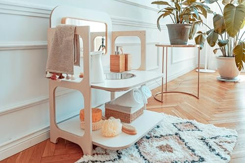 HINGI Coiffeuse Enfant pour Fille et Garçon | Coiffeuses pour Enfants à Partir de 1 an | Meubles Montessori pour Chambre d'enfants | Coiffeuse en Bois avec Étagères et Lavabo