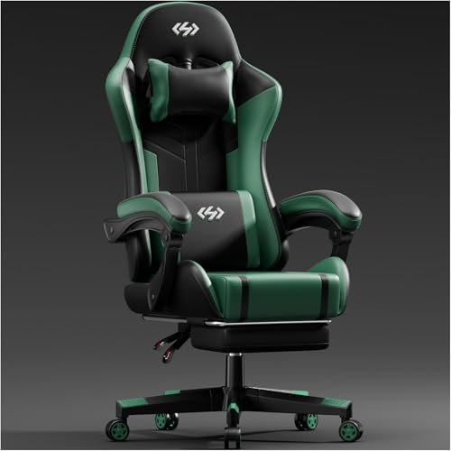 HLFURNIEU Chaise Gaming, Fauteuil Gaming avec Coussin à Ressorts Ensachés, Chaise Gamer avec Coussin Lombaire et Repose-Pieds, Appui-tête, Fauteuil Gamer Hauteur Réglable, Siège Gaming Noir et Vert