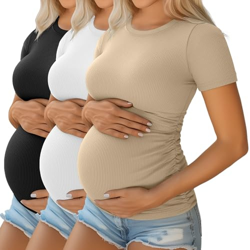 Ficerd Pack de 3 Chemises de Grossesse | En Coton, Manches Courtes, Tissu Raye, Plisse Lateral, Ete, Pour Futures Mamans, Travail, Decontracte