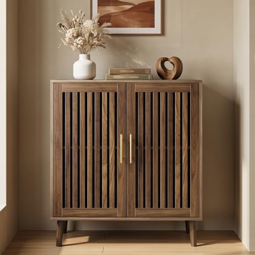 Smart FENDEE Sideboard Cabinet, Farmhouse Buffet Cabinet with Slatted Doors & Adjustable Shelf, Coffee Bar Storage Cabinet for Kitchen, Dining Room, Living Room, Entryway, Walnut, 80cm Wide