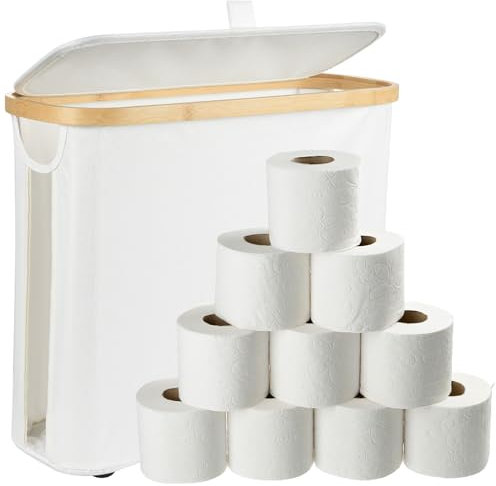 Cozary Cesta Papel Higiénico con Tapa – Almacenaje Papel Higiénico, Organizador de Baño Plegable, Cesta de Almacenamiento para WC, Impermeable, 25L, 43x35x17cm