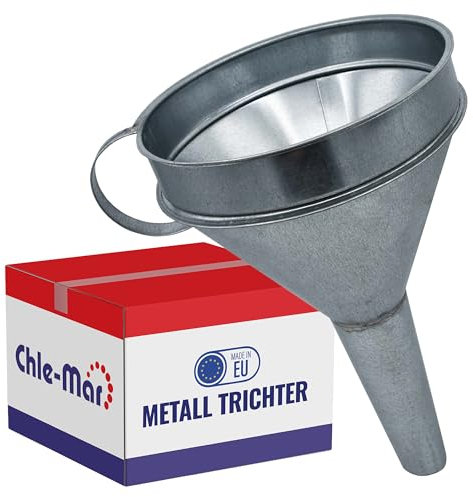 Chle-Mar - Benzin Metall Trichter mit Sieb | Öltrichter Auto & Kfz Einfülltrichter Groß | Robuster Metalltrichter mit Griff für Benzin, Motoröl & Technische Flüssigkeiten | Großer Öl Trichter Adblue