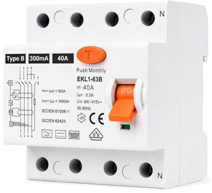 VDE-Zertifizierung FI Schutzschalter 40A 300mA 4P Typ B | Allstromsensitiv RCD | Für Wallboxen & Ladestationen