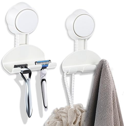 Ptwola 2 Pack Razor Holder for Shower Suction Cup Hooks Powerful Shaver Holder Hanging Shower Storage Wall Hook Reusable Towel Holders for Bathroom Loofah Kitchen Squeegee Window Easy to Install