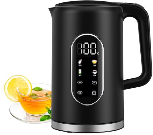 Bouilloire Electrique, 1,7L Contrôle de Temperature Reglable 40-100°C, Bouilloire Inox 2200w Ebullition Rapide Écran Numérique, Fonction de Maintien au Chaud, 4 températures préréglées, Sans BPA Noire