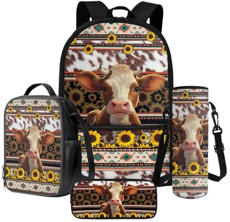 LACIYISON Rucksack-Set, 4-in-1-Rucksäcke, leichte Büchertasche mit Lunchtasche, Federmäppchen, Wasserflaschenhülle, Büchertasche, Rucksack, Azteken-Sonnenblumen-Hochlandrinder, One Size