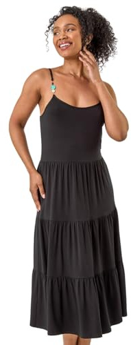 Roman Petite Beaded Strappy Tiered Dress for Women UK - Ladies Everyday Holiday Spring Summer Square Neckline Comfy Soft Evening Vacation Work Party - Petite Black - Size 14