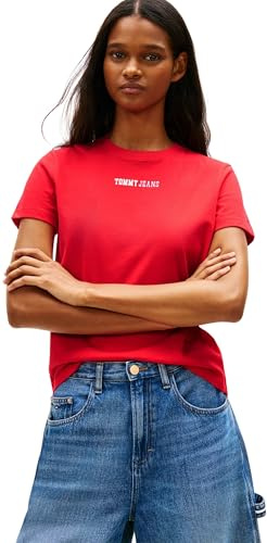 Tommy Jeans Damen T-Shirt Kurzarm Essential Logo mit Rundhalsausschnitt, Rot (Red Alert), M