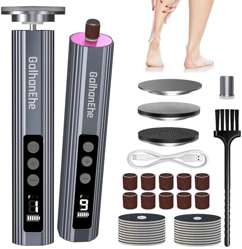 3 in 1 Electric Foot File Hard Skin Remover, Removes Calluses, Grey | Pedicure Tool Foot Sander, 9 Adjustable Speeds, 2 Interchangeable Attachments, 2000mAh Rechargeable, for Hand & Foot Care