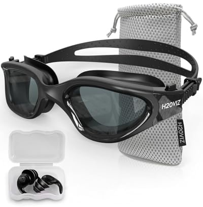 H20VIZ Swimming Goggles | Polarised, Anti-Fog, UV400 Protection, Anti-Leak, Includes Pro Swim Ear Plugs | Men Women Teens (Black - Smoke Grey)