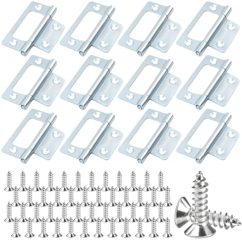 12 Stück Türscharniere, verzinkte Rostschutzscharniere für Holz mit 48 Schrauben, Kugellager-Stoßscharnier, bündiges Scharnier für Tor, Fenster, Schrank, Schublade (51 mm × 25 mm, silberfarben)