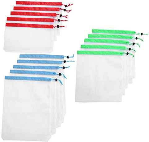 GEERYZHE Mesh Produce Bags, 15pcs 3 Sized Drawstring Mesh Bags Vegetable Bags for Refrigerator Reusable Produce Bags Food Safe Mesh Bags for Fruits, Vegetable, Food, Toys, Grocery Storage